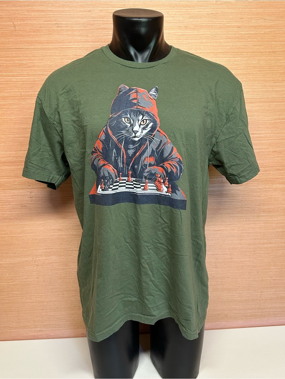 Cat Wearing a Hoodie Playing Chess Green Short Sleeve T-Shirt Adult Size Medium